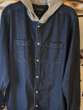 PacSun Navy Denim Shirt with Gray Hooded Liner
